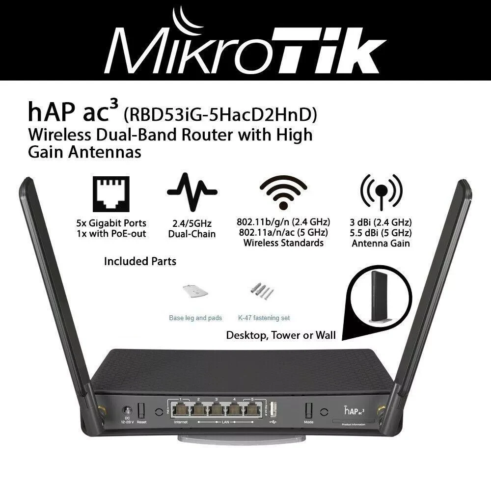 ROUTER-AP MIKROTIK RBD53IG-5HACD2HND 5 PUERTOS GIGABIT 256 RAM CPU 4 core IPQ-4019 716 MHzCLEOS