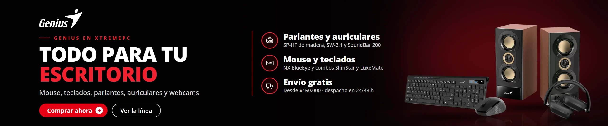 Genius en Jazz Pc: parlantes SP-HF de madera, SW-2.1 y SoundBar, auriculares, mouse NX BlueEye, teclados y combos SlimStar y LuxeMate, y webcams