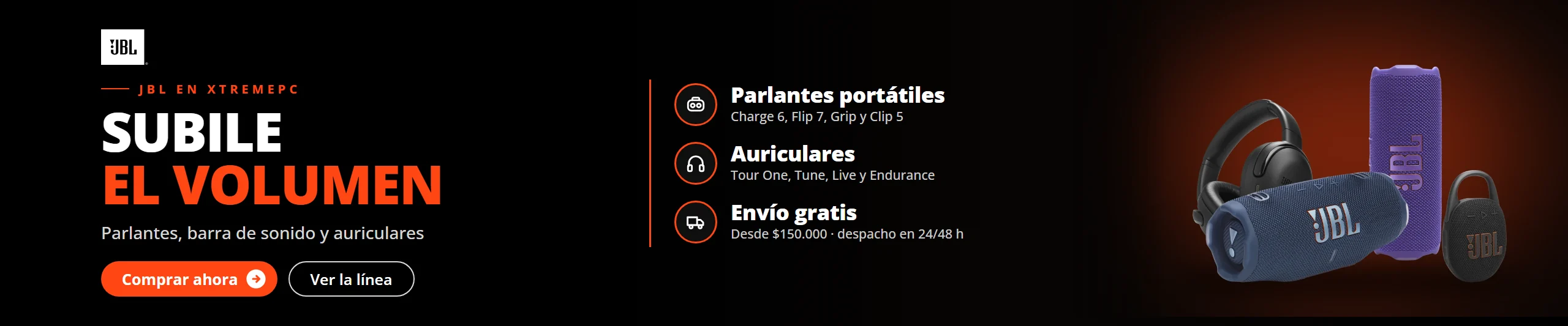 JBL en Jazz Pc: parlantes portátiles Charge, Flip, Grip y Clip, barra de sonido y auriculares JBL
