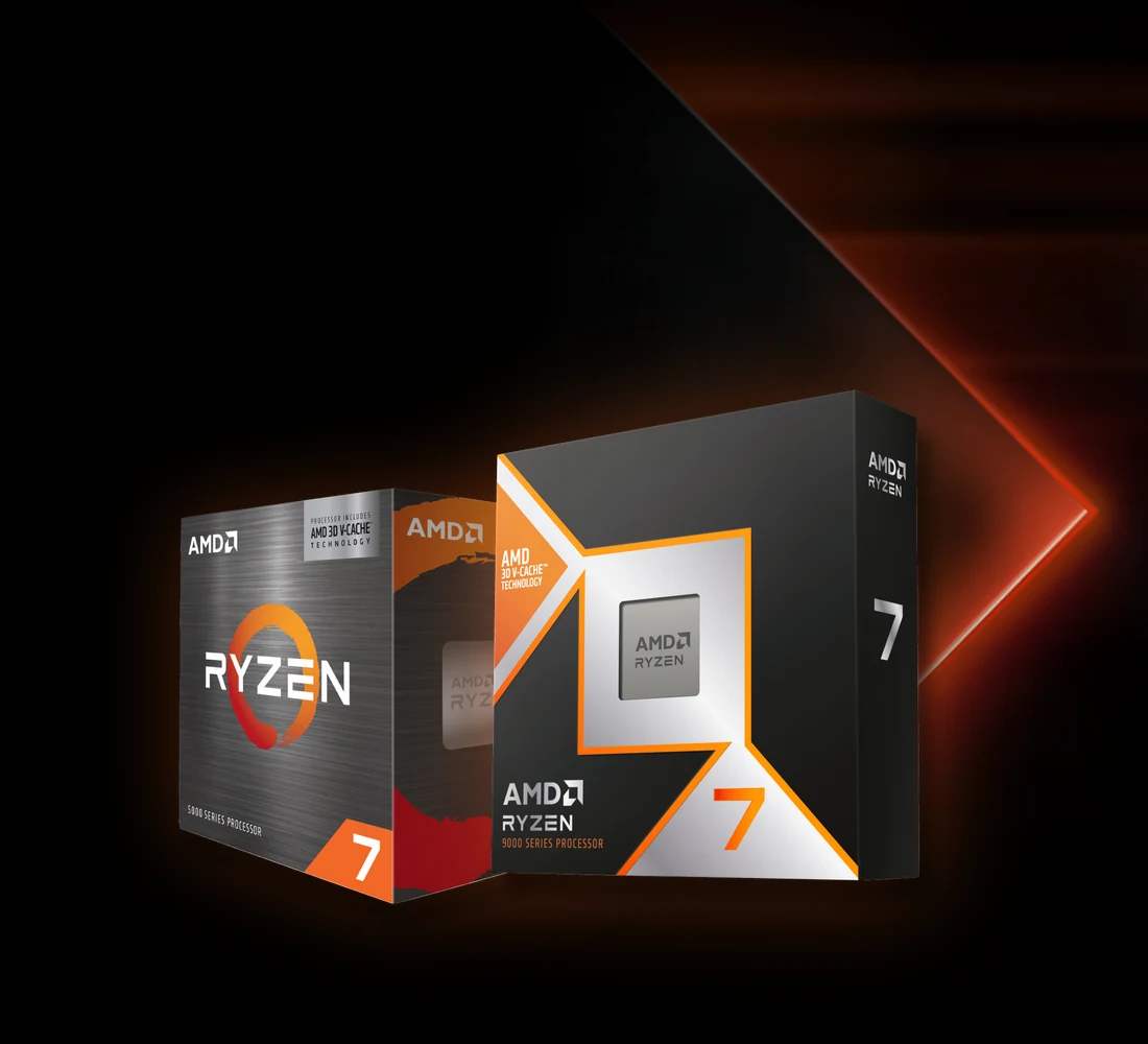Cajas de los procesadores AMD Ryzen 7 5800X3D y Ryzen 7 9800X3D con 3D V-Cache sobre chevrones naranja