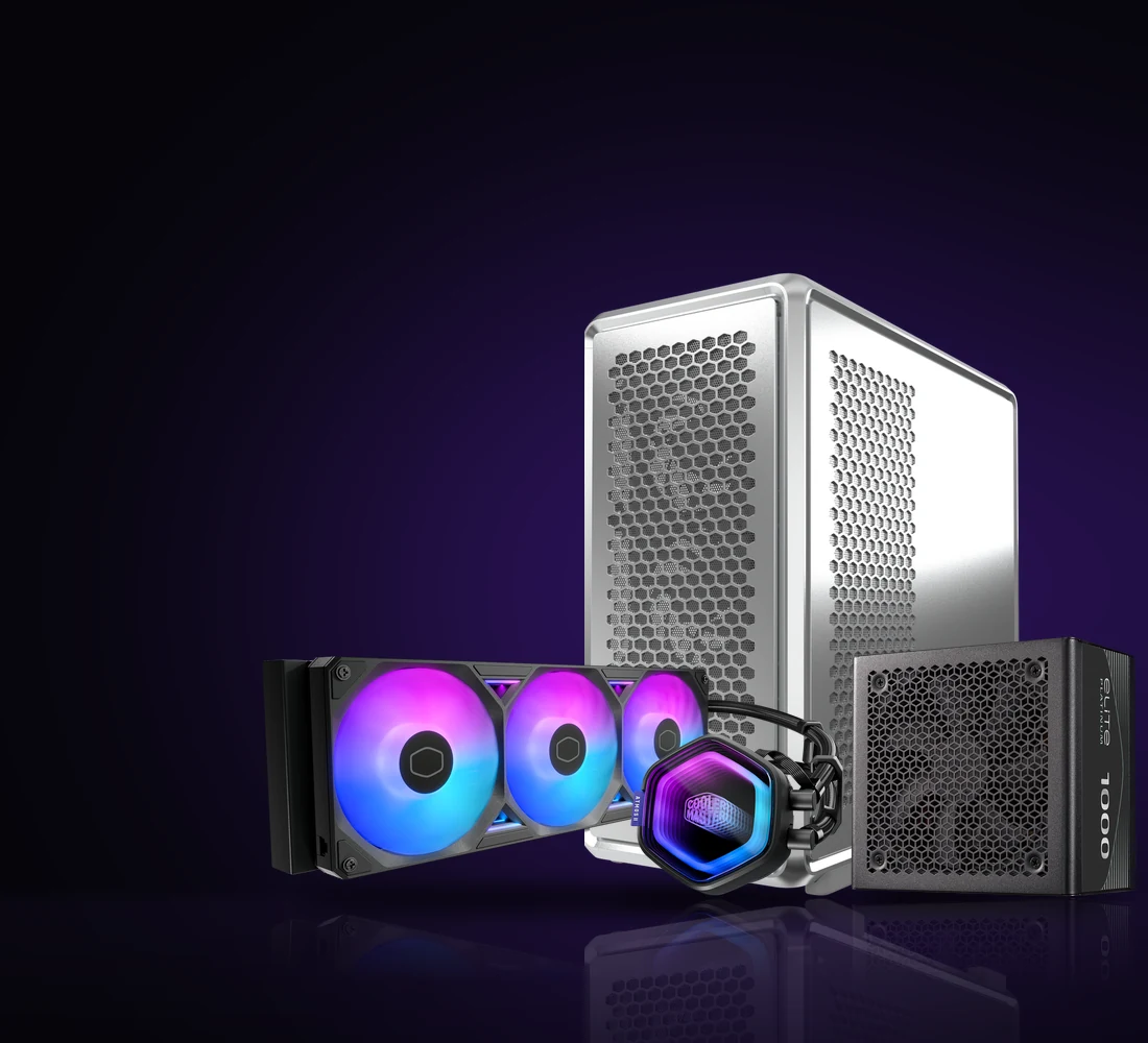 Gabinete Cooler Master MasterFrame 600 plata, refrigeración líquida MasterLiquid Atmos II 360 y fuente Elite Platinum 1000