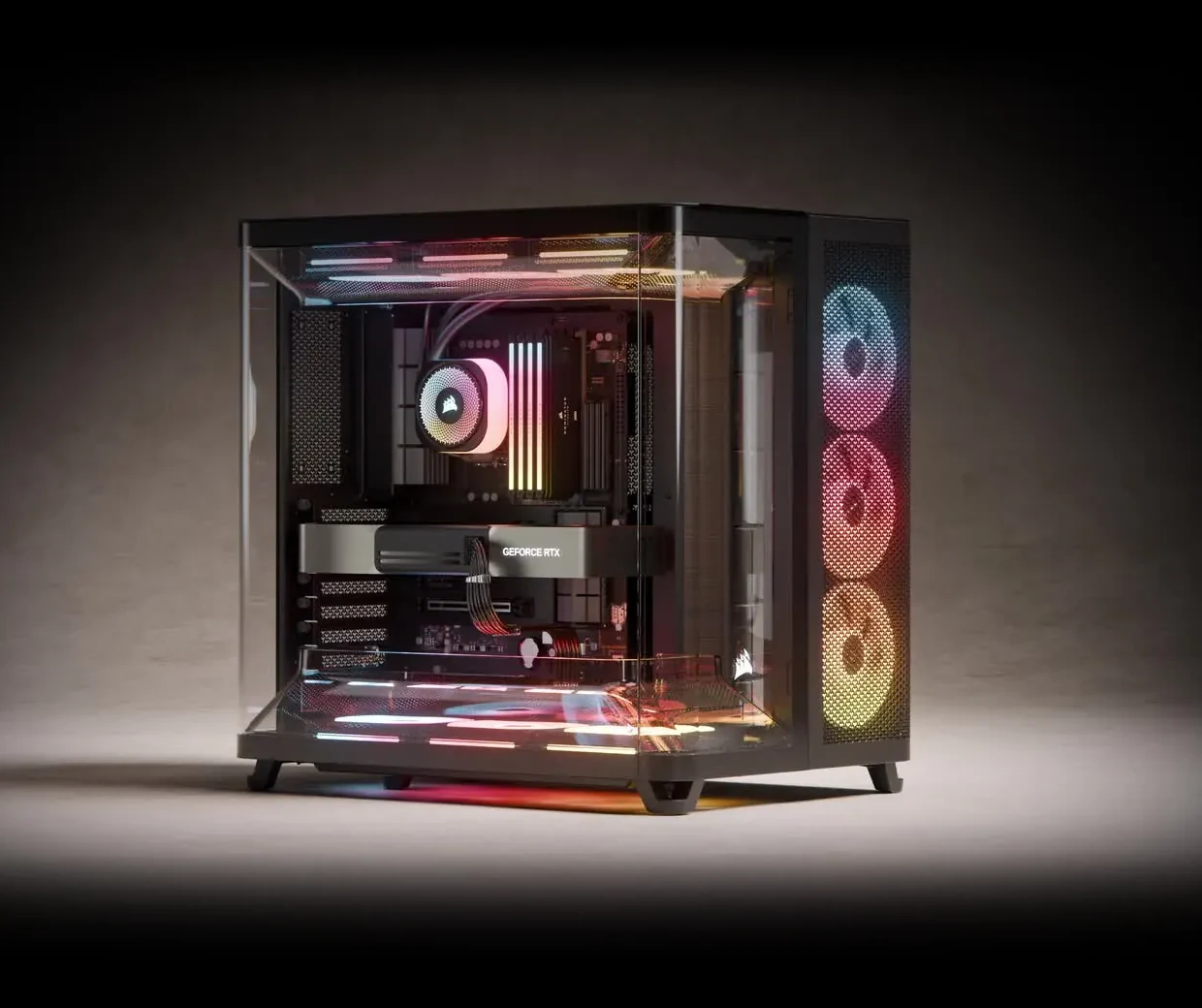 PC armada en un gabinete Corsair AIR 5400 con refrigeración líquida, memorias y ventiladores RGB