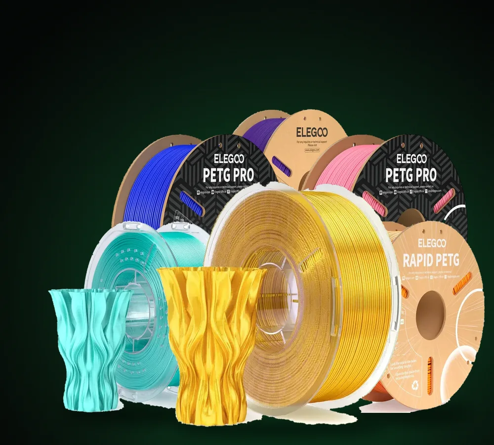 Carretes de filamento 3D Elegoo de colores: PLA Silk, PLA+, PETG Pro y Rapid PETG