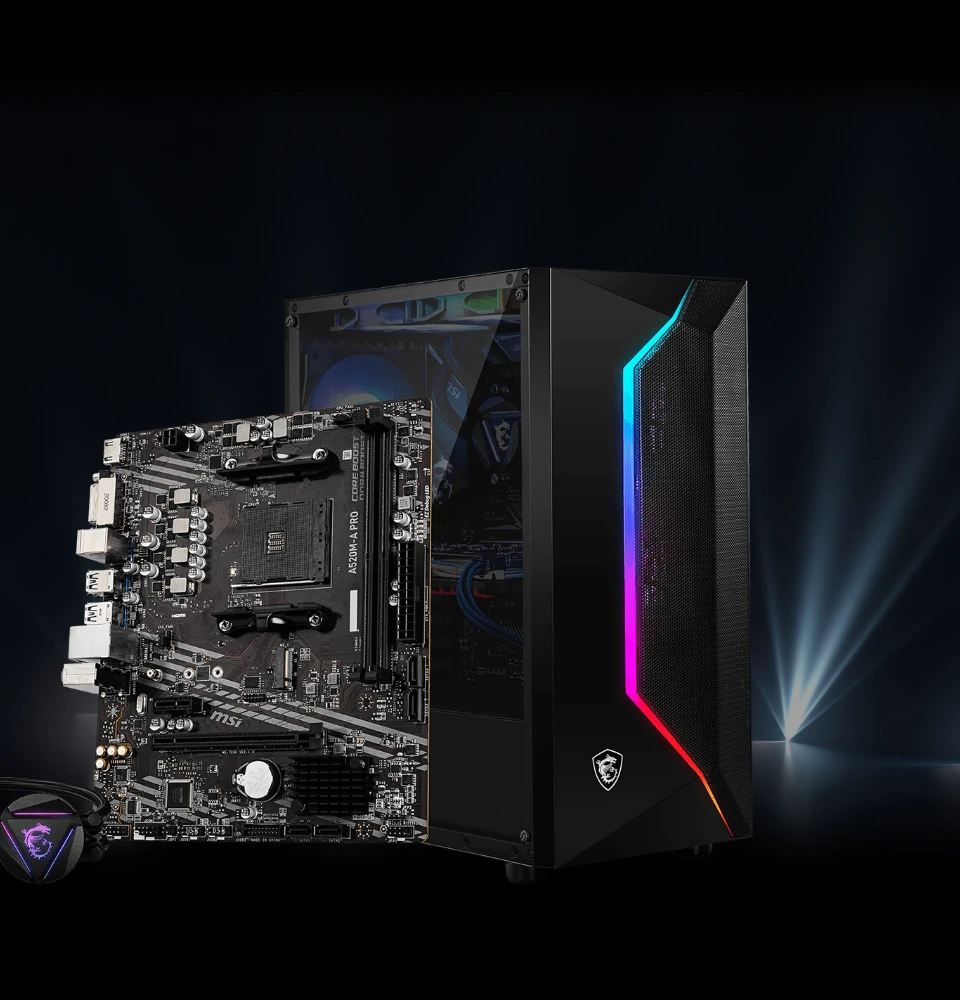 Motherboard MSI y gabinete MSI con luces RGB sobre un escenario oscuro