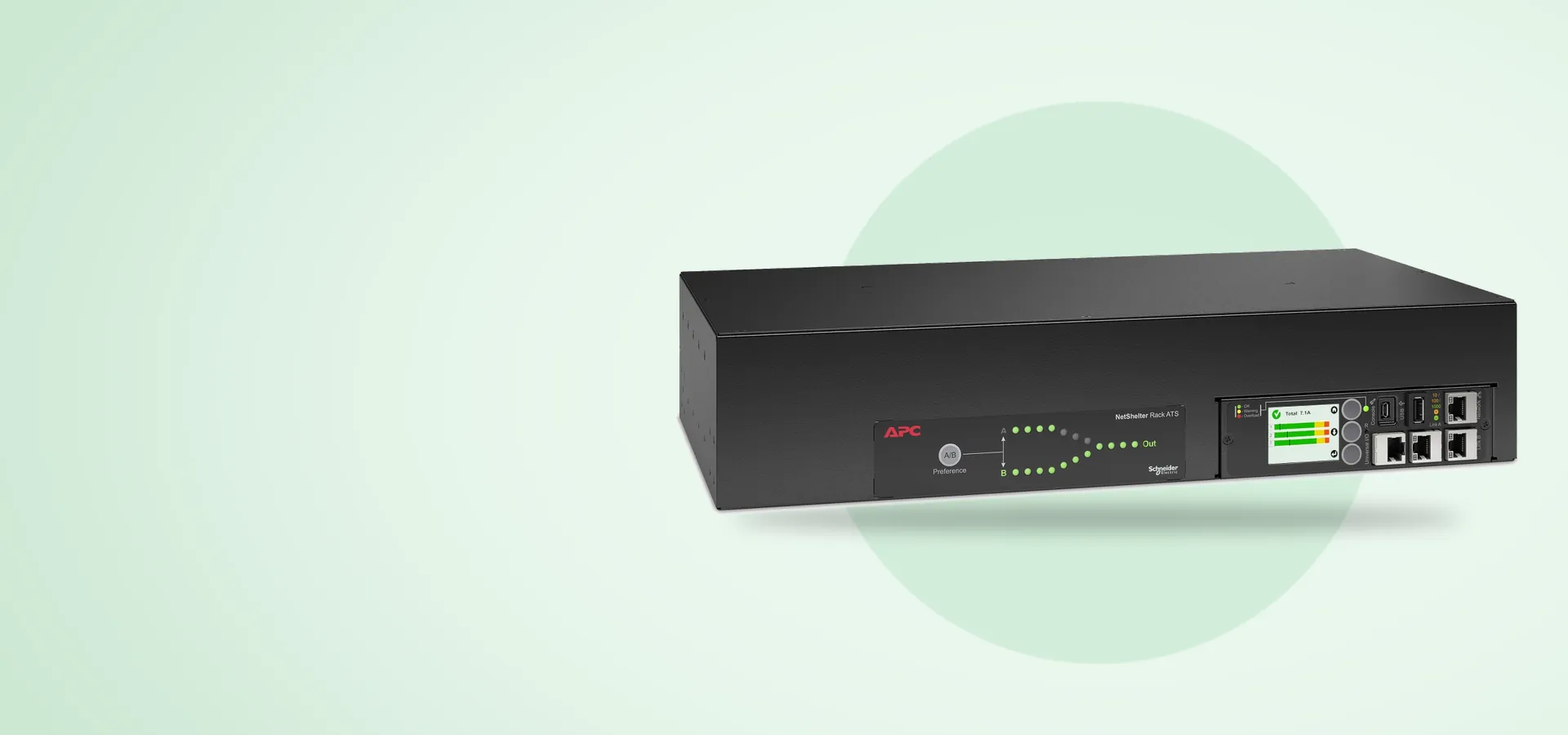 Interruptor de transferencia automática APC NetShelter AP4424A de 2U para rack, vista en perspectiva
