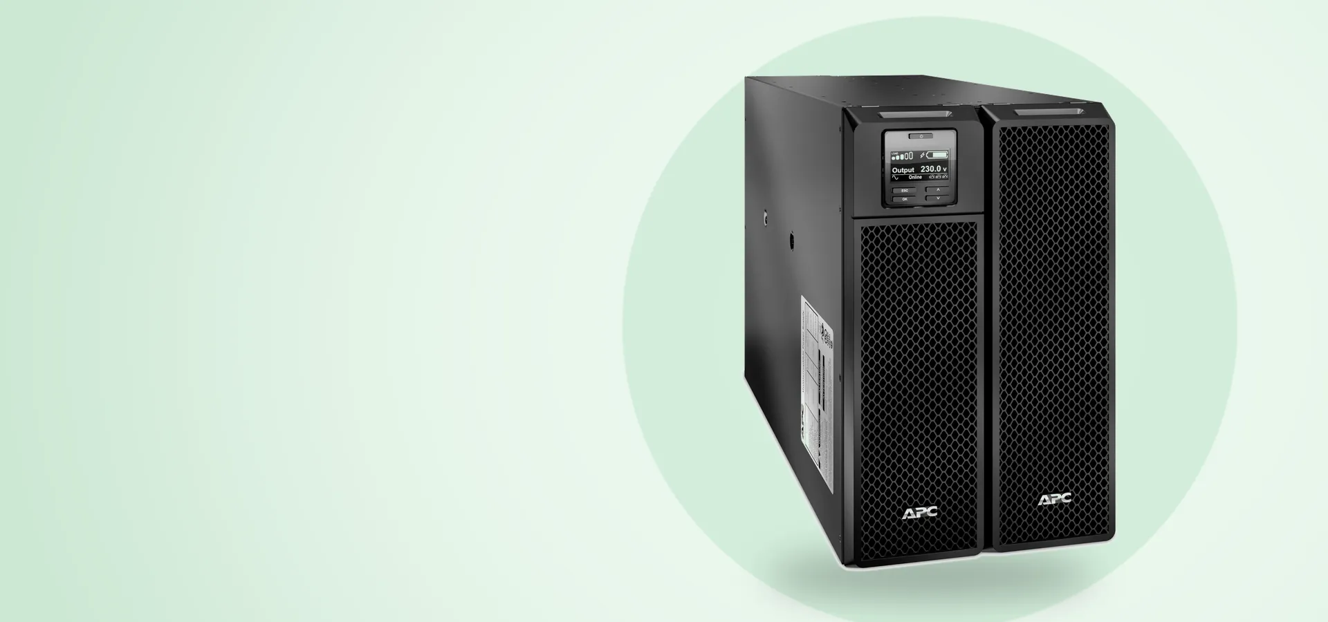 UPS APC Smart-UPS SRT de 10 kVA en formato torre, vista en perspectiva