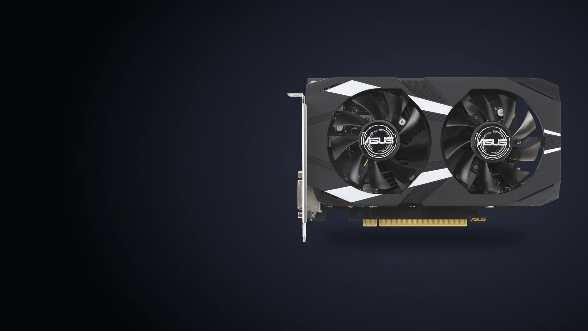 Placa de video ASUS Dual GeForce RTX 3050 OC de frente, con sus dos ventiladores
