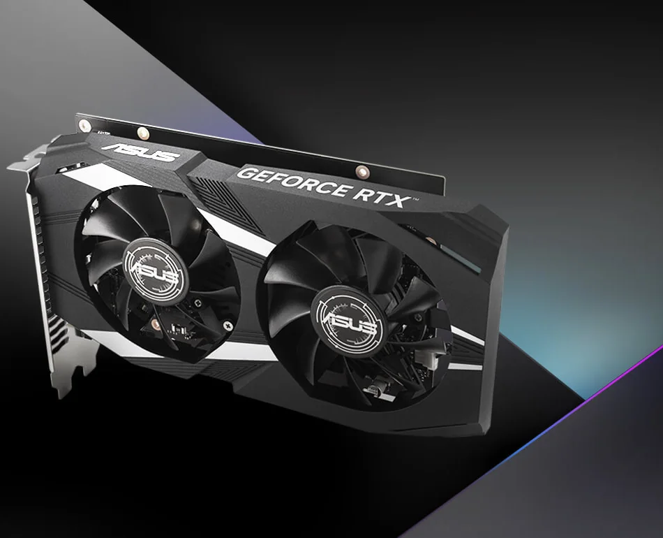 ASUS Dual GeForce RTX 3050 sobre fondo oscuro con luces violetas