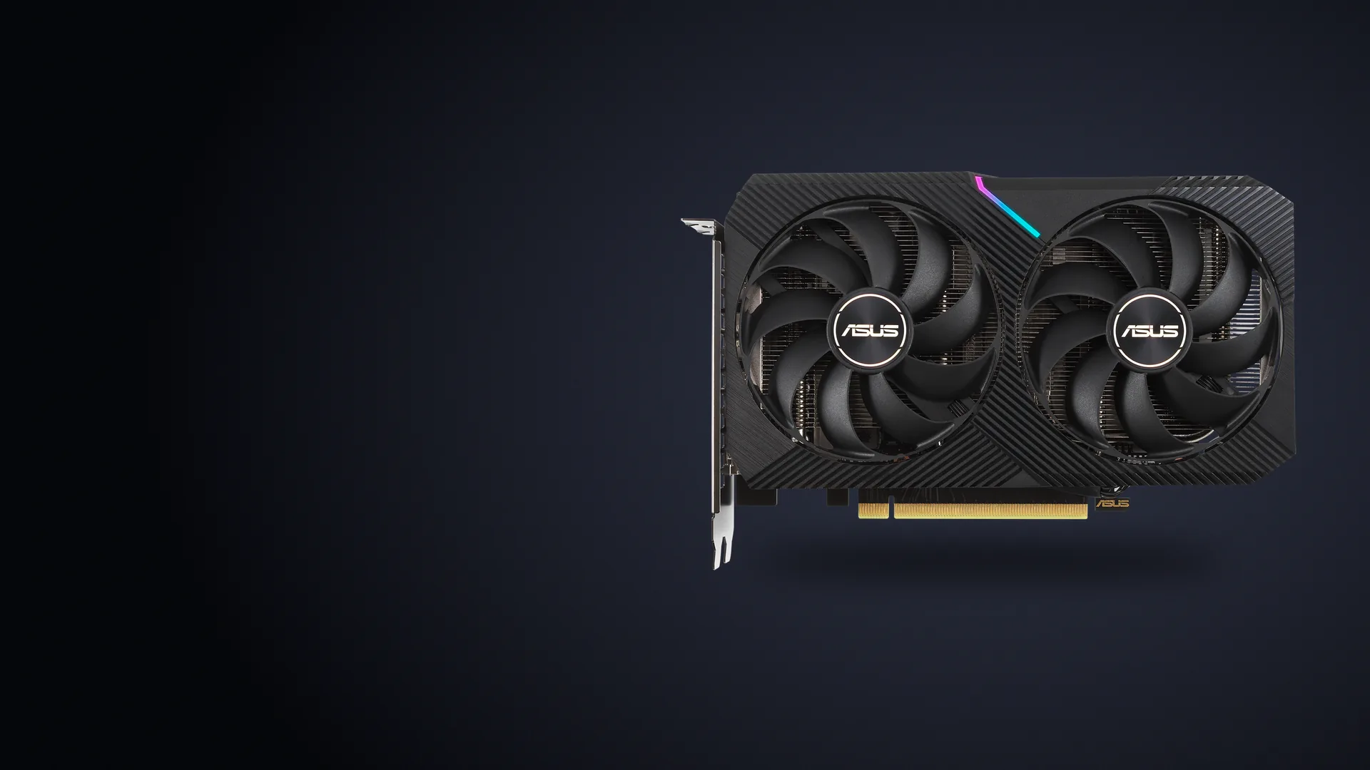 Placa de video ASUS Dual GeForce RTX 3060 V2 OC de frente, con sus dos ventiladores