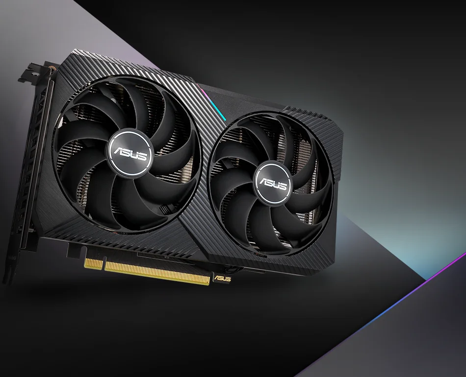 ASUS Dual GeForce RTX 3060 sobre fondo oscuro con luces violetas