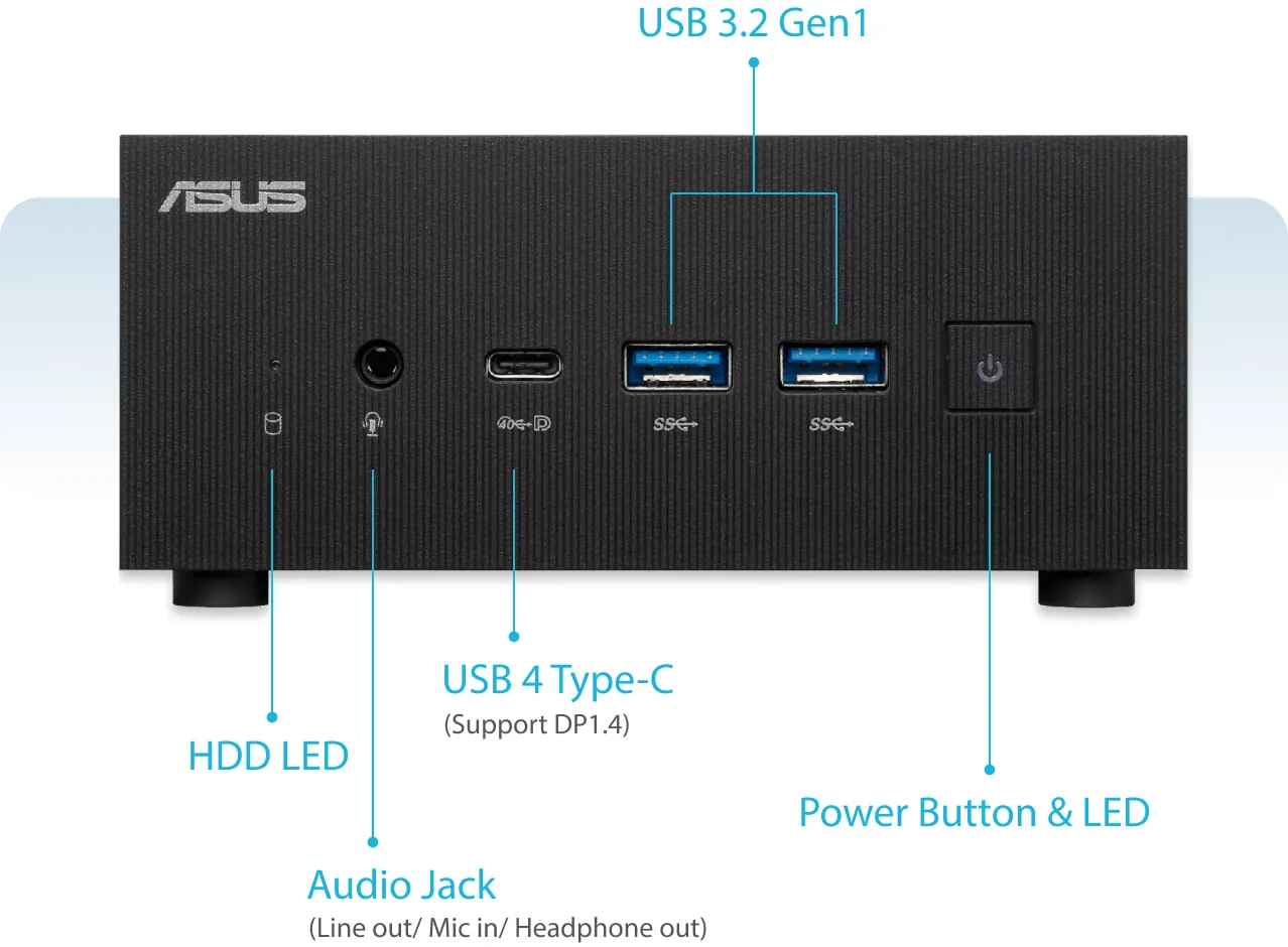 Frente del ASUS ExpertCenter PN53 con sus puertos señalados
