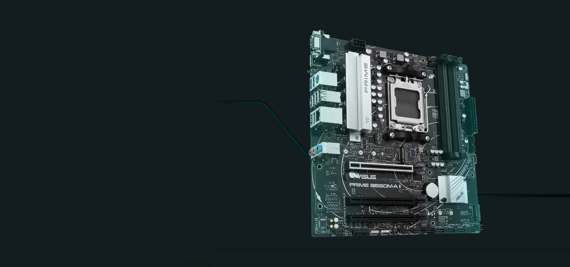 Motherboard ASUS Prime B650M-A II sobre fondo oscuro