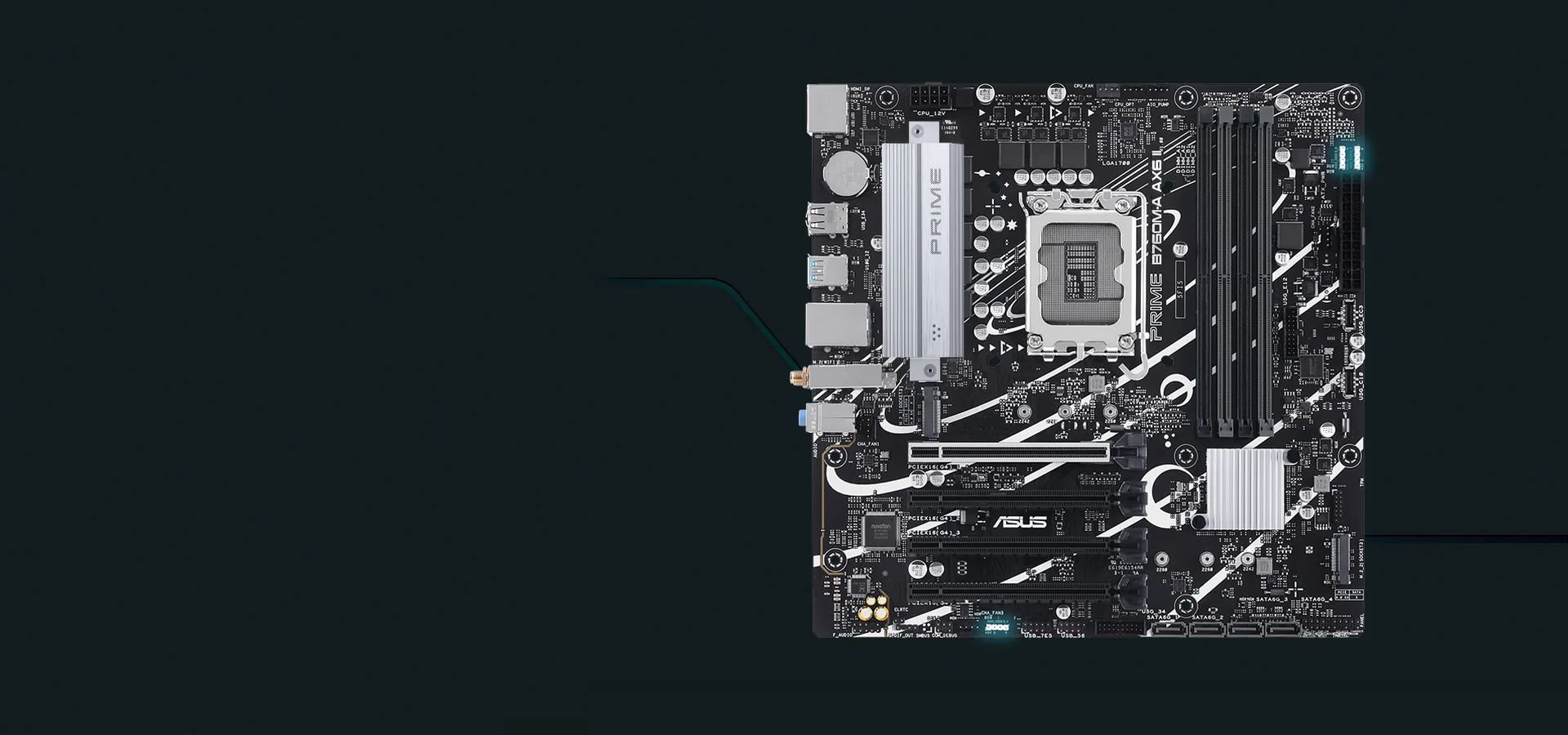 Motherboard ASUS Prime B760M-A AX6 II sobre fondo oscuro