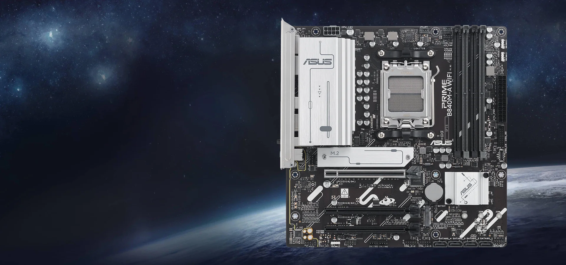 Motherboard ASUS Prime B840M-A WiFi sobre un fondo espacial