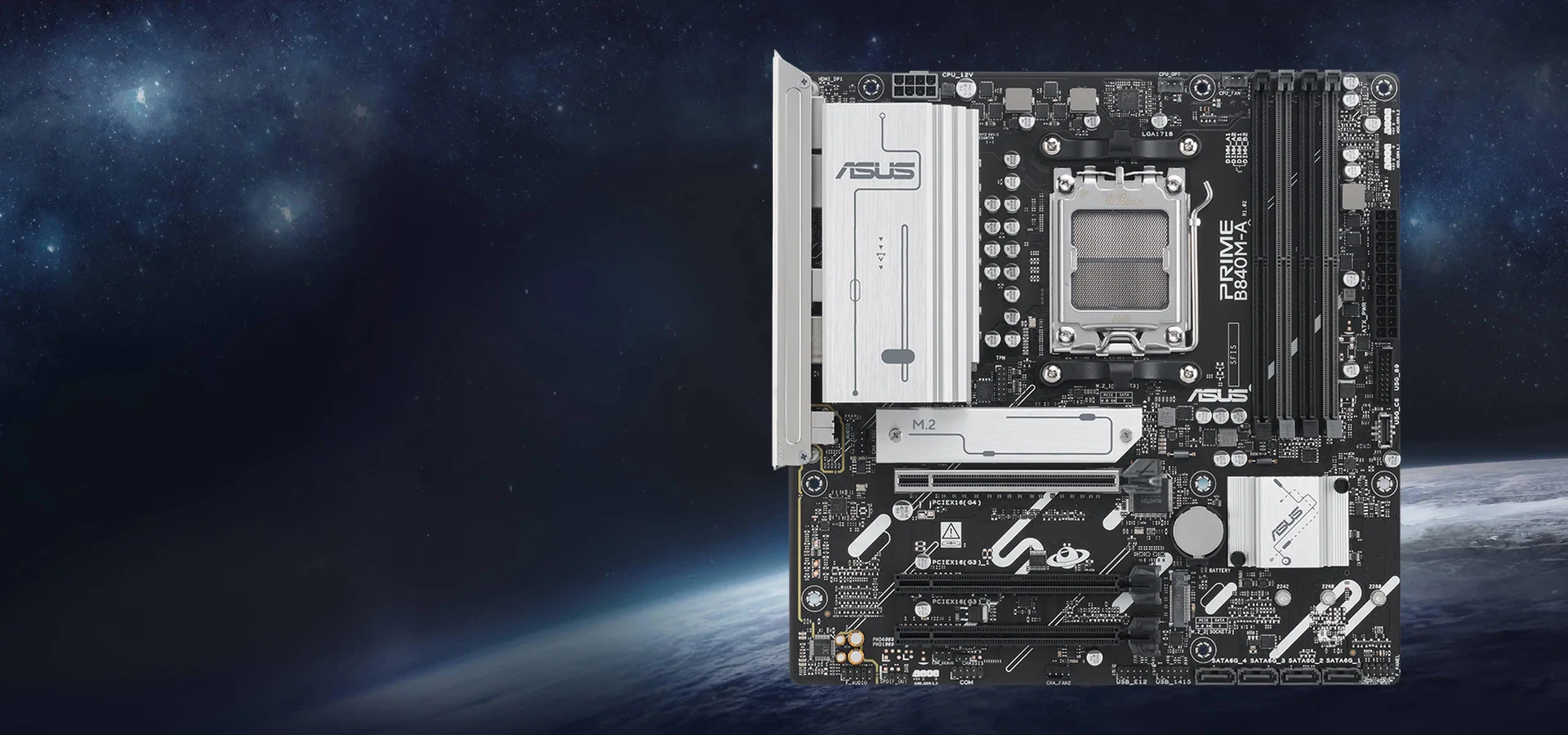 Motherboard ASUS Prime B840M-A sobre un fondo espacial