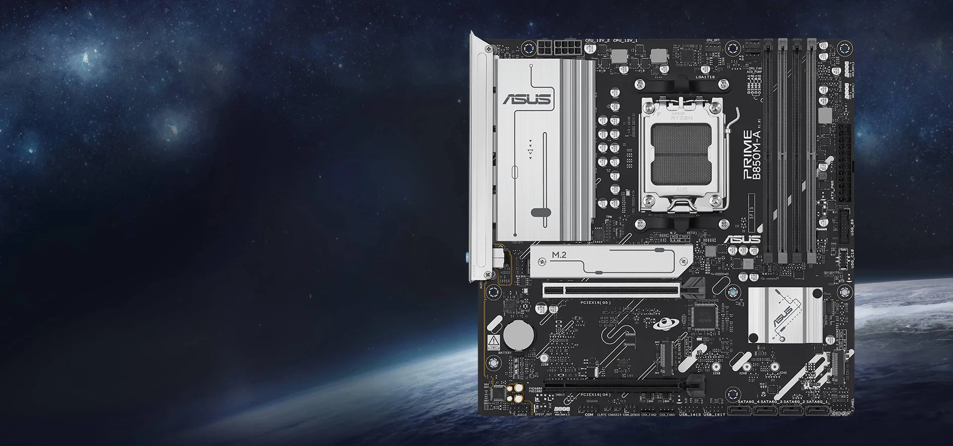 Motherboard ASUS Prime B850M-A sobre un fondo espacial