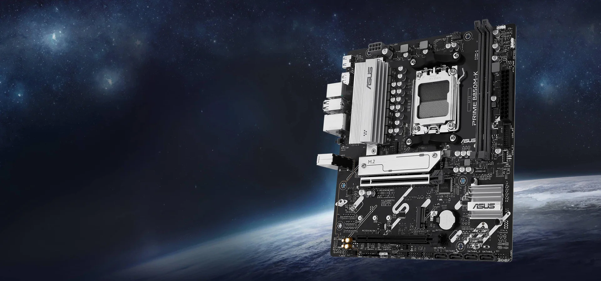 Motherboard ASUS Prime B850M-K sobre un fondo espacial