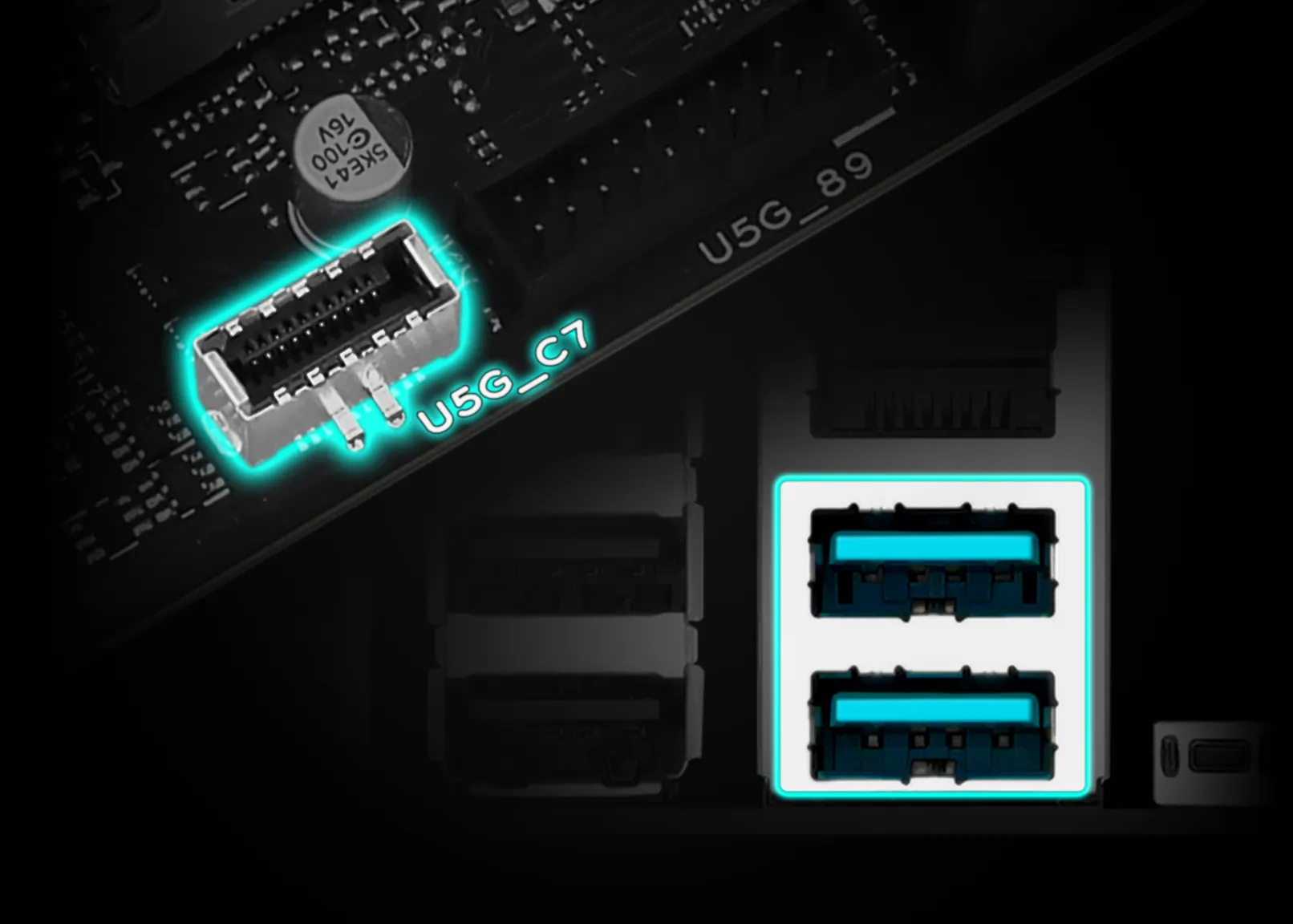 Conector USB-C frontal y puertos USB traseros resaltados en la Prime B850M-K