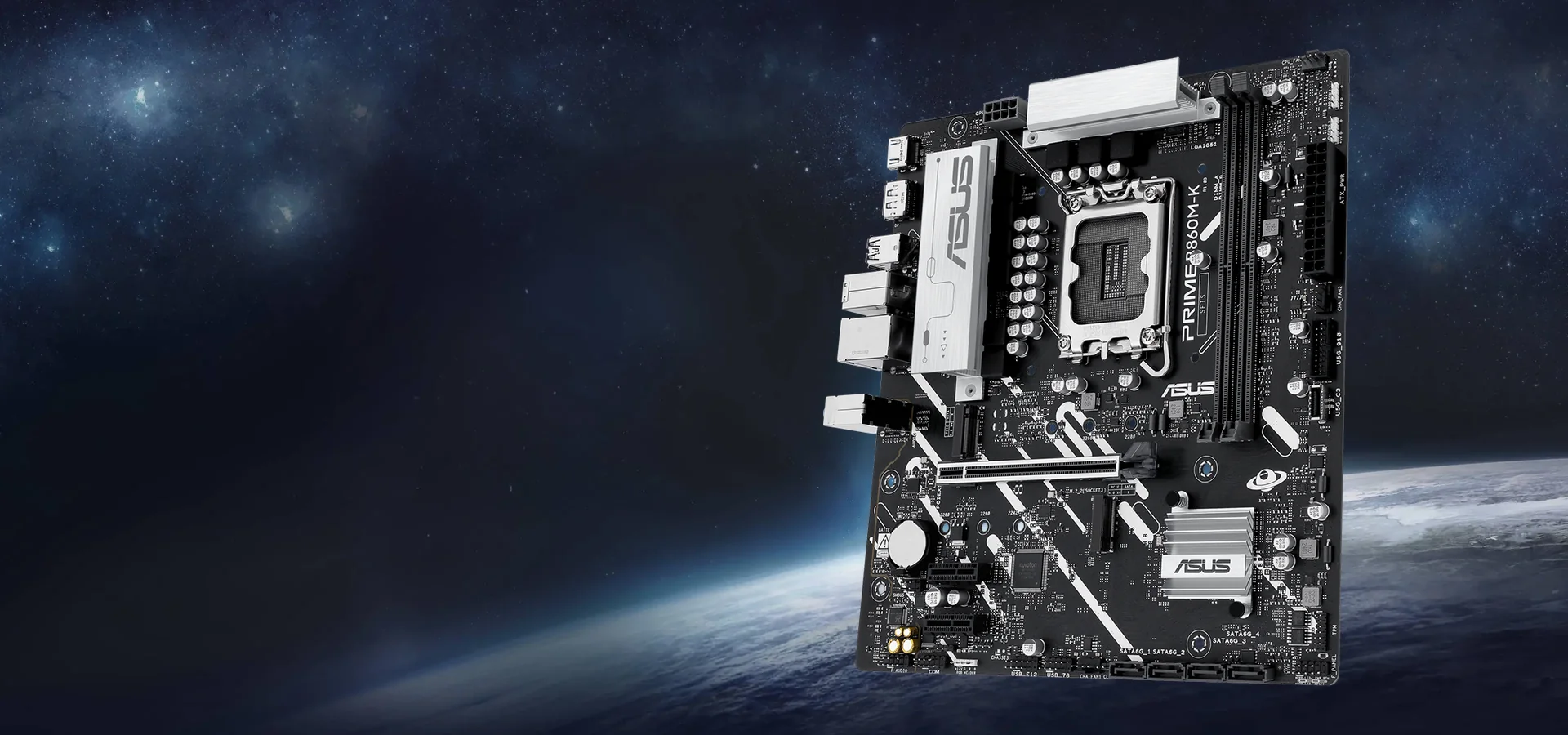 Motherboard ASUS Prime B860M-K sobre un fondo espacial