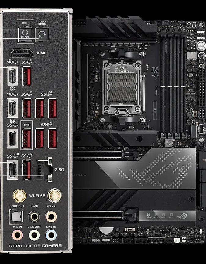Panel trasero de la ROG Crosshair X670E Hero con USB4, HDMI, Ethernet y antenas Wi-Fi