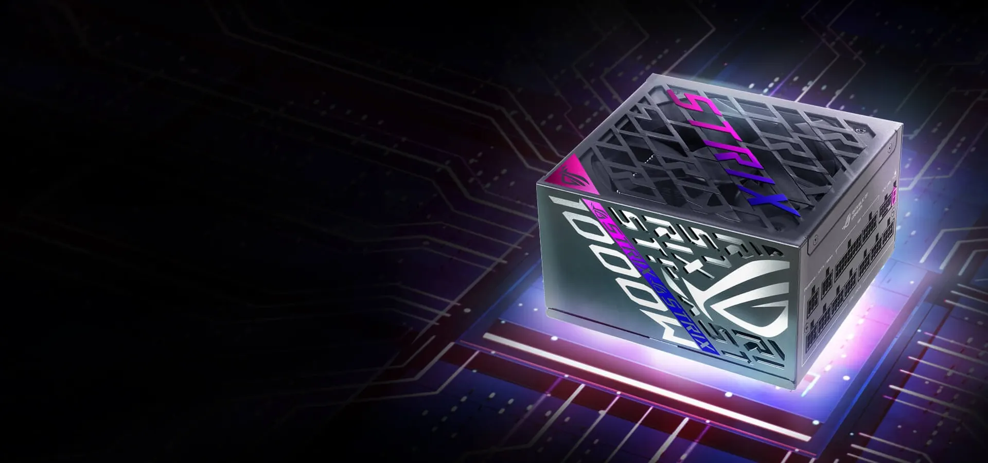 Fuente ASUS ROG Strix 1000W Platinum negra sobre un fondo de circuitos con luz violeta