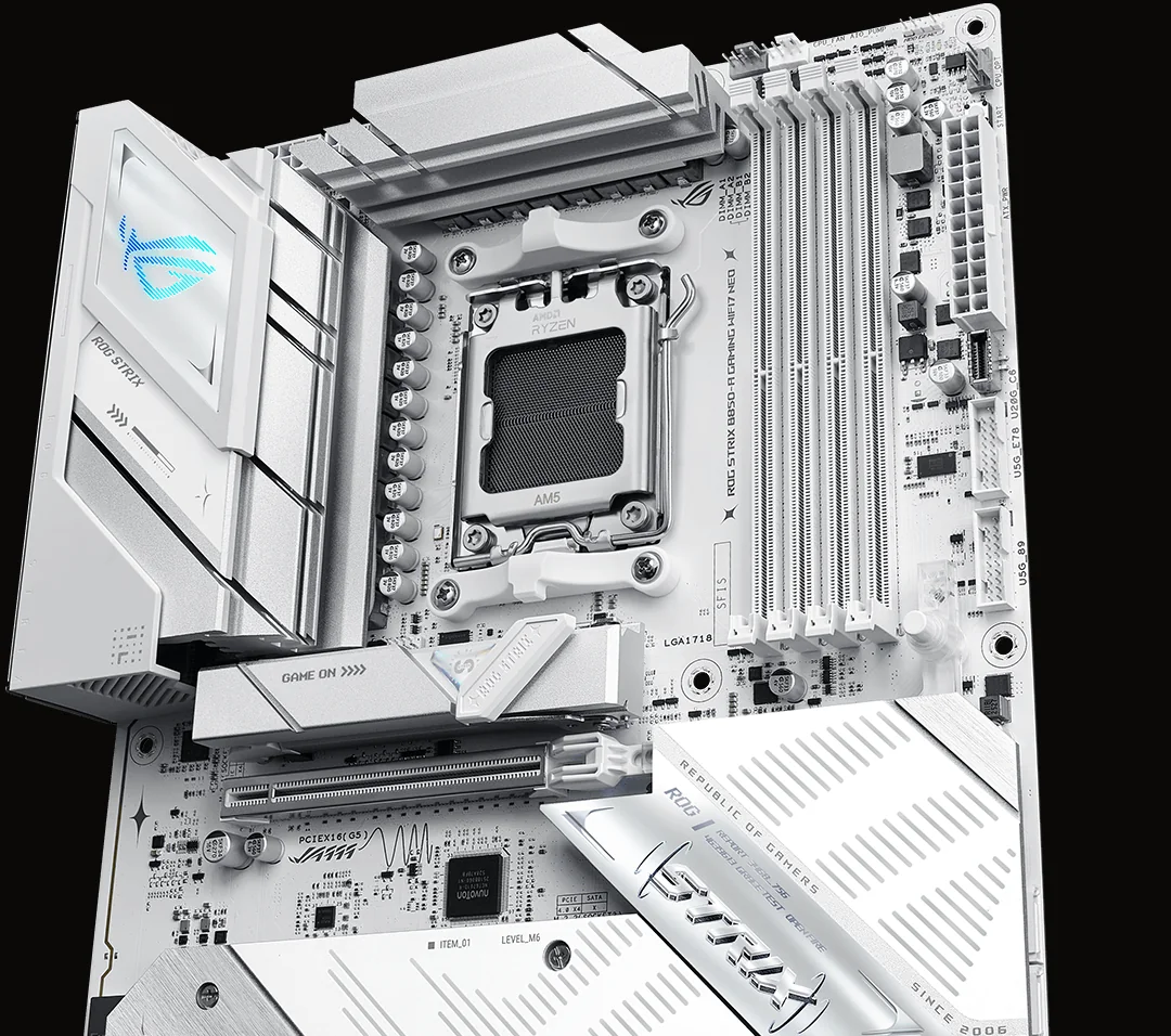 ROG Strix B850-A Gaming WiFi7 NEO blanca en ángulo, con la zona de alimentación y los disipadores