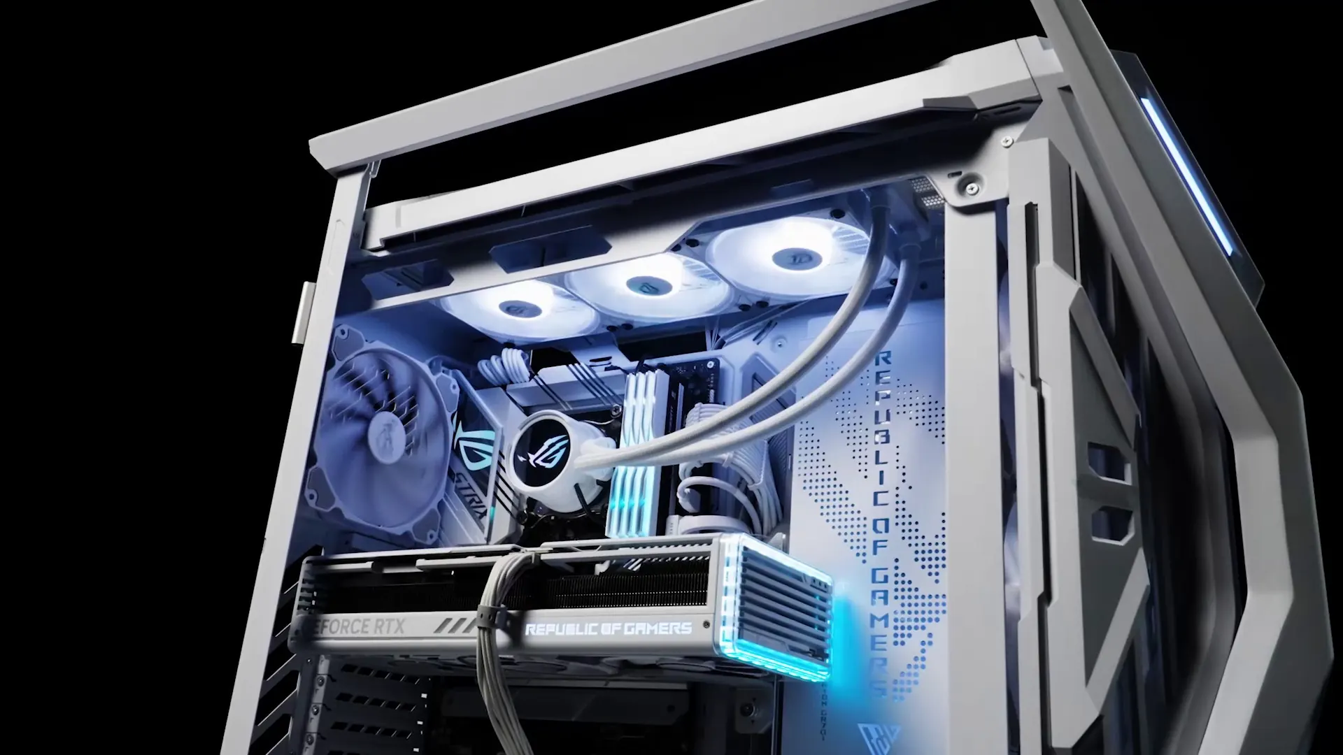 Cooler líquido ASUS ROG Strix LC III 360 ARGB White Edition instalado en un gabinete blanco