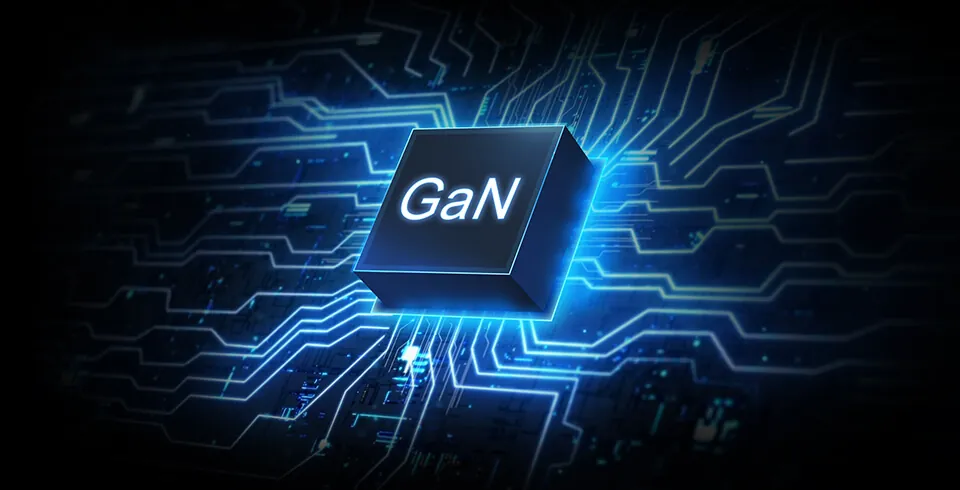Chip MOSFET GaN sobre una placa iluminada