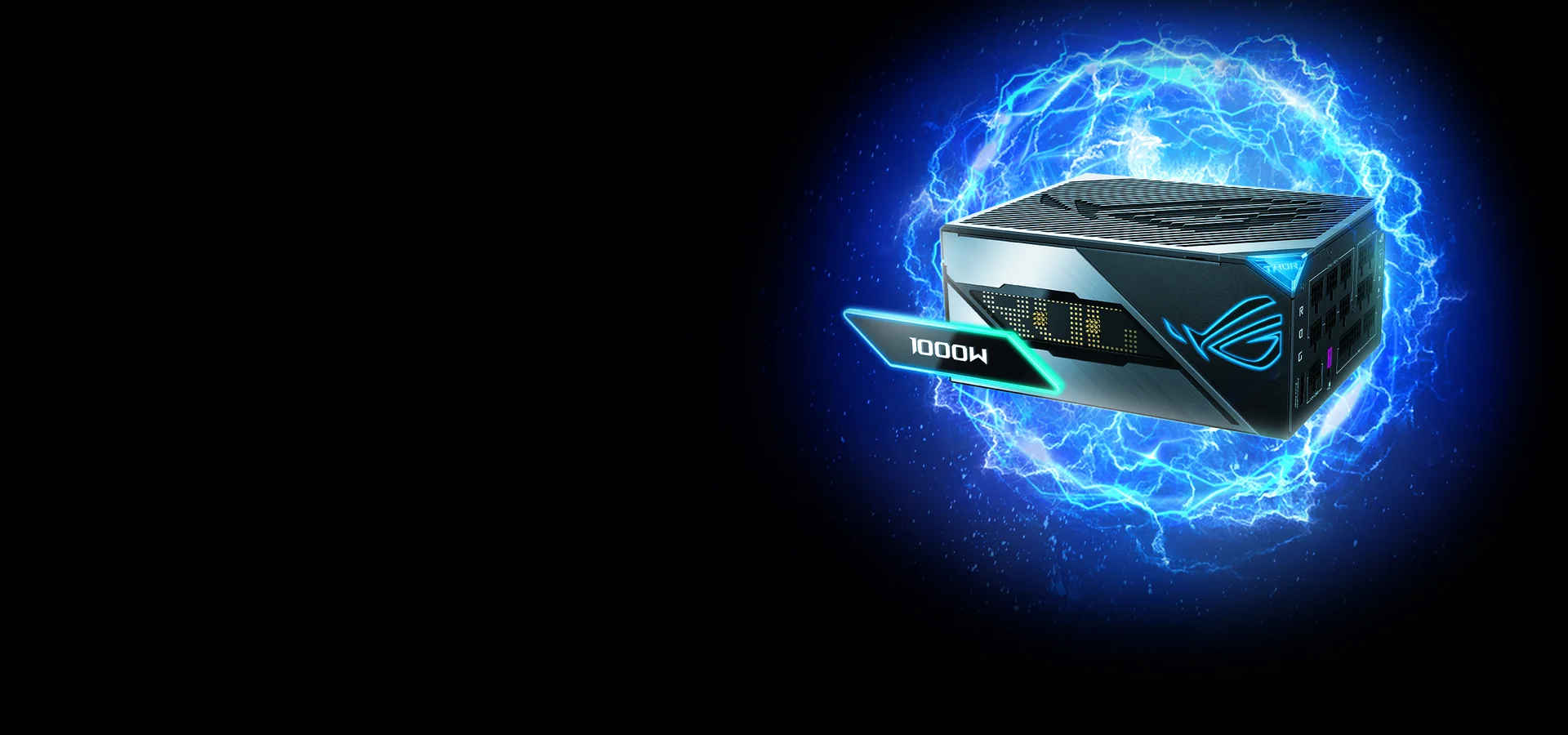 Fuente ROG Thor 1000W Platinum III dentro de una esfera de energía azul