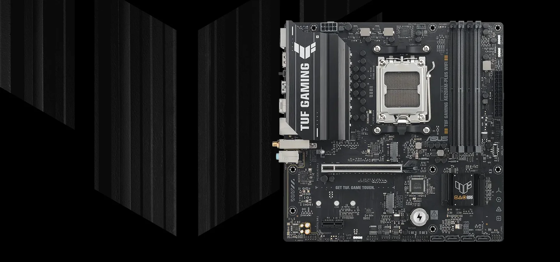 Motherboard ASUS TUF Gaming A620AM-Plus WiFi sobre fondo oscuro
