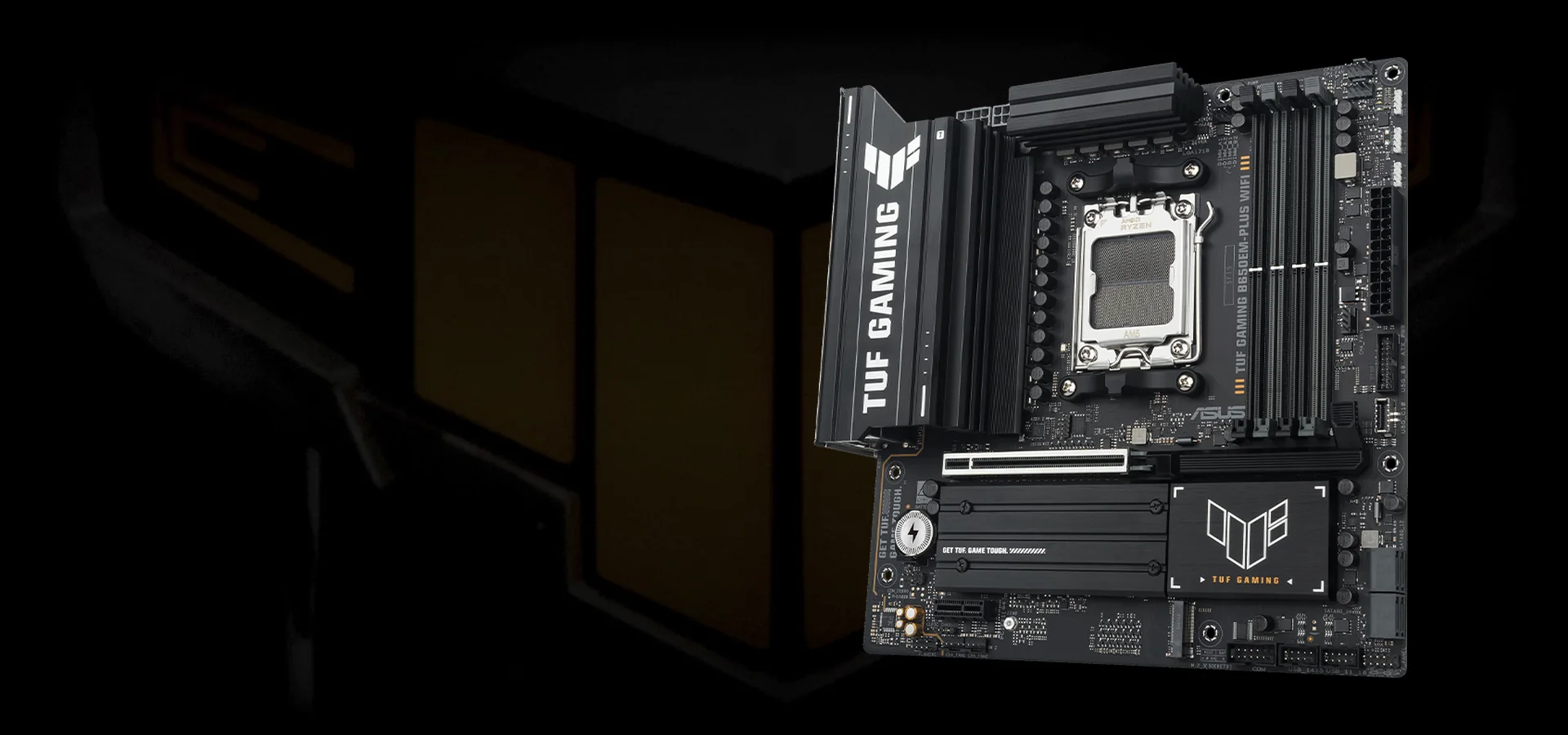 Motherboard ASUS TUF Gaming B650EM-Plus WiFi sobre el fondo oscuro de TUF