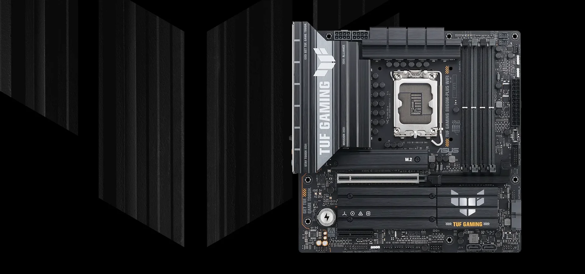 Motherboard ASUS TUF Gaming B860M-Plus WiFi sobre fondo oscuro