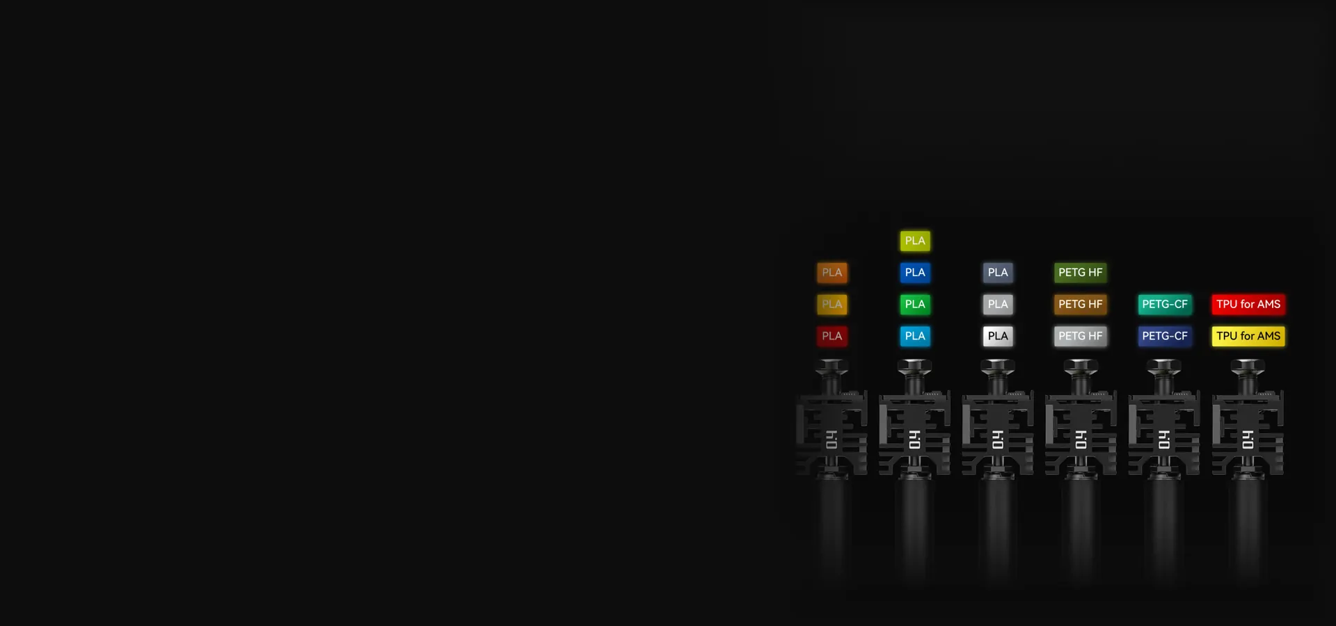 Hotends Vortek con distintos filamentos asignados