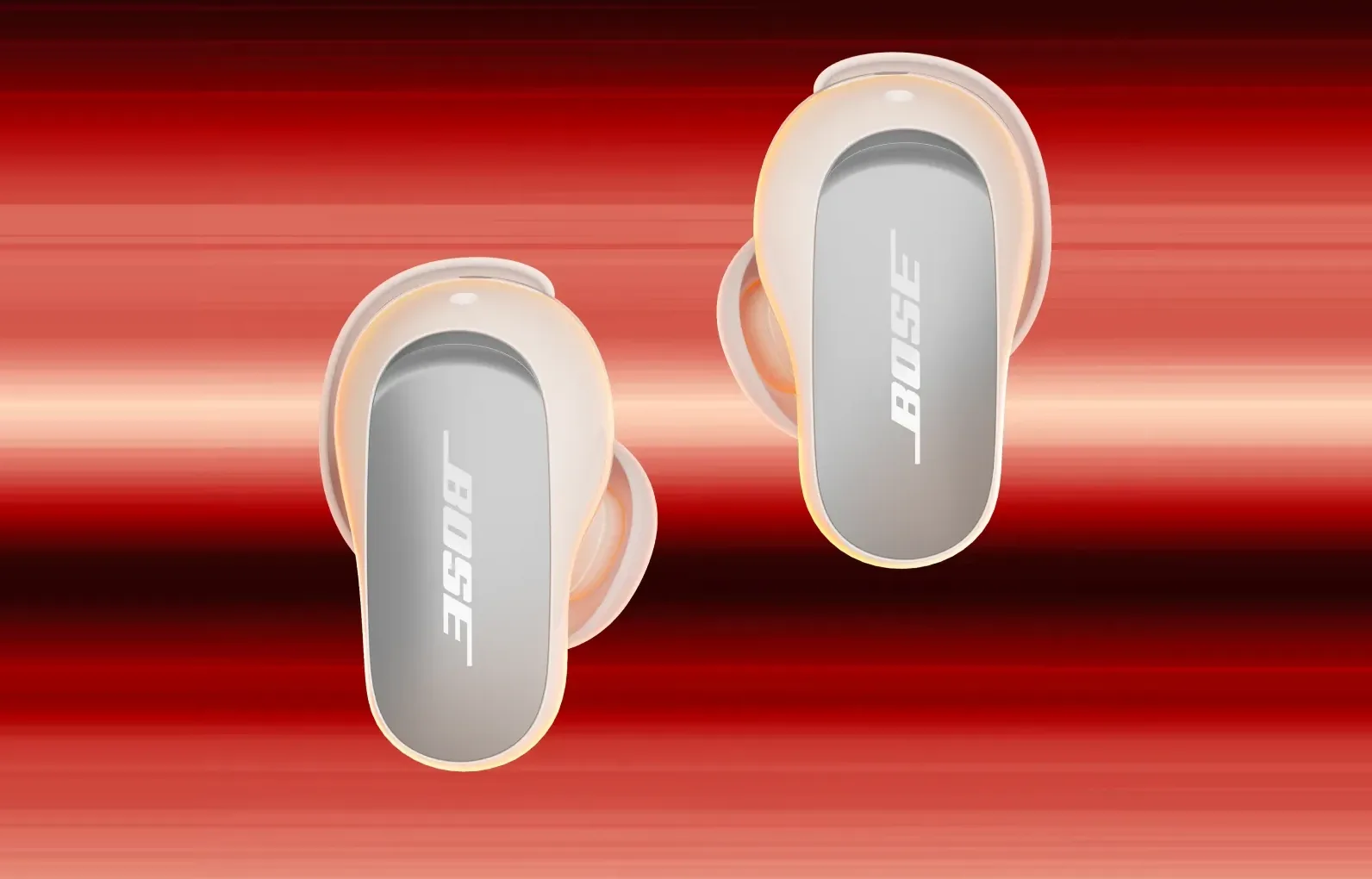 Bose QuietComfort Ultra Earbuds blancos sobre franjas rojas