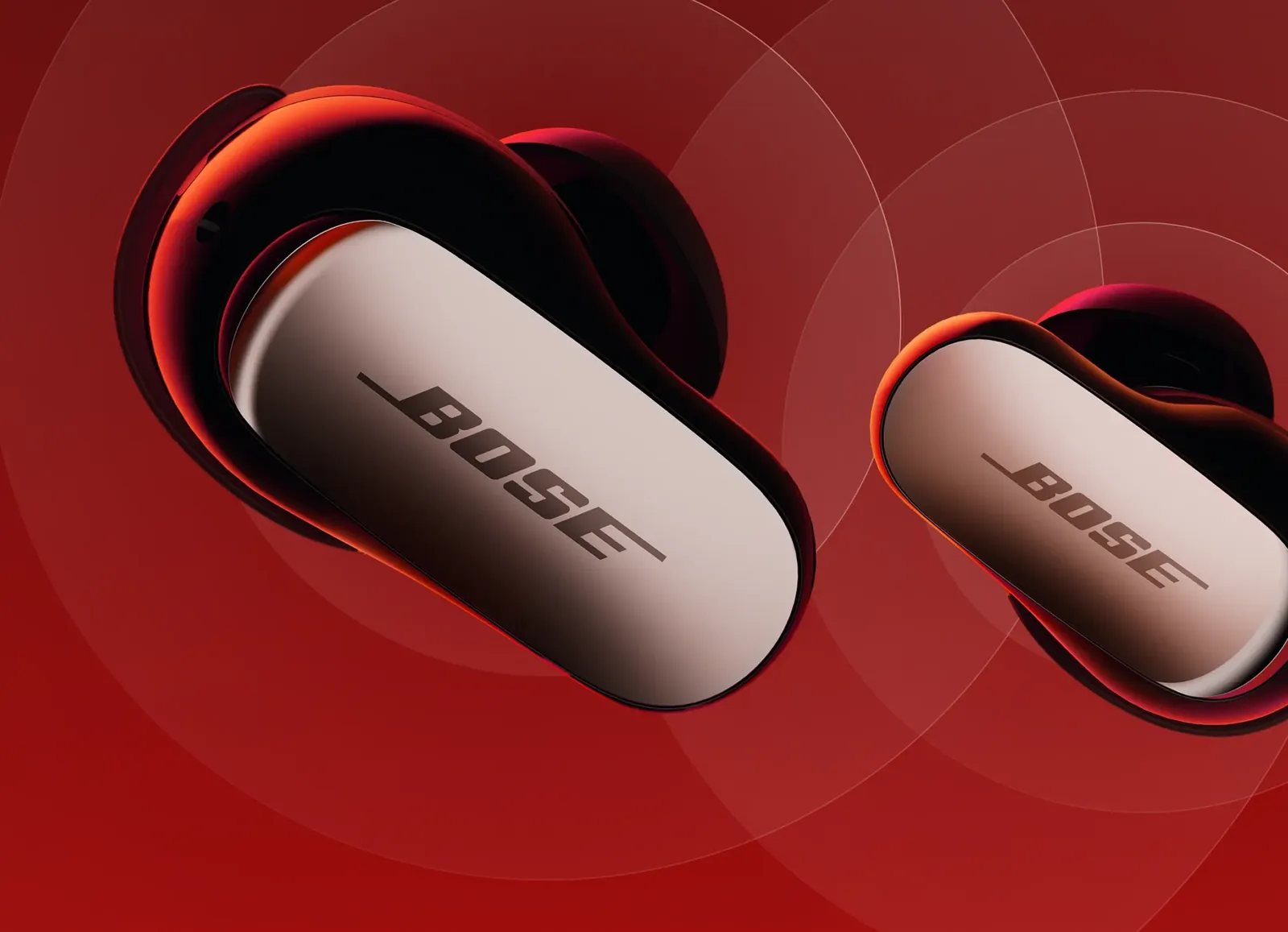 Bose QuietComfort Ultra Earbuds negros sobre ondas rojas