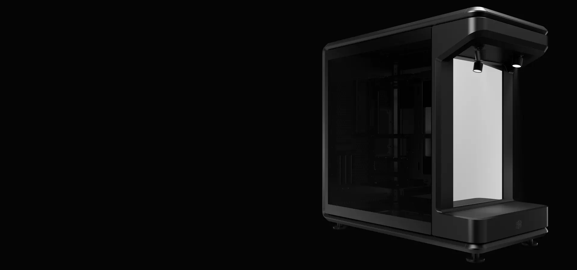 Gabinete Cooler Master MasterFrame 360 Stage Mirror negro con frente abierto y fondo espejo