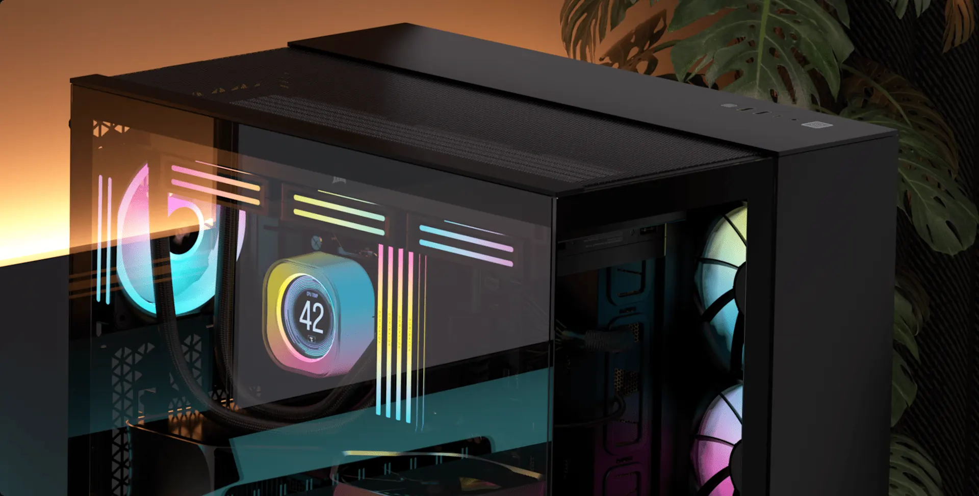 Gabinete Corsair 2500X negro de dos cámaras con iluminación RGB sobre un escritorio
