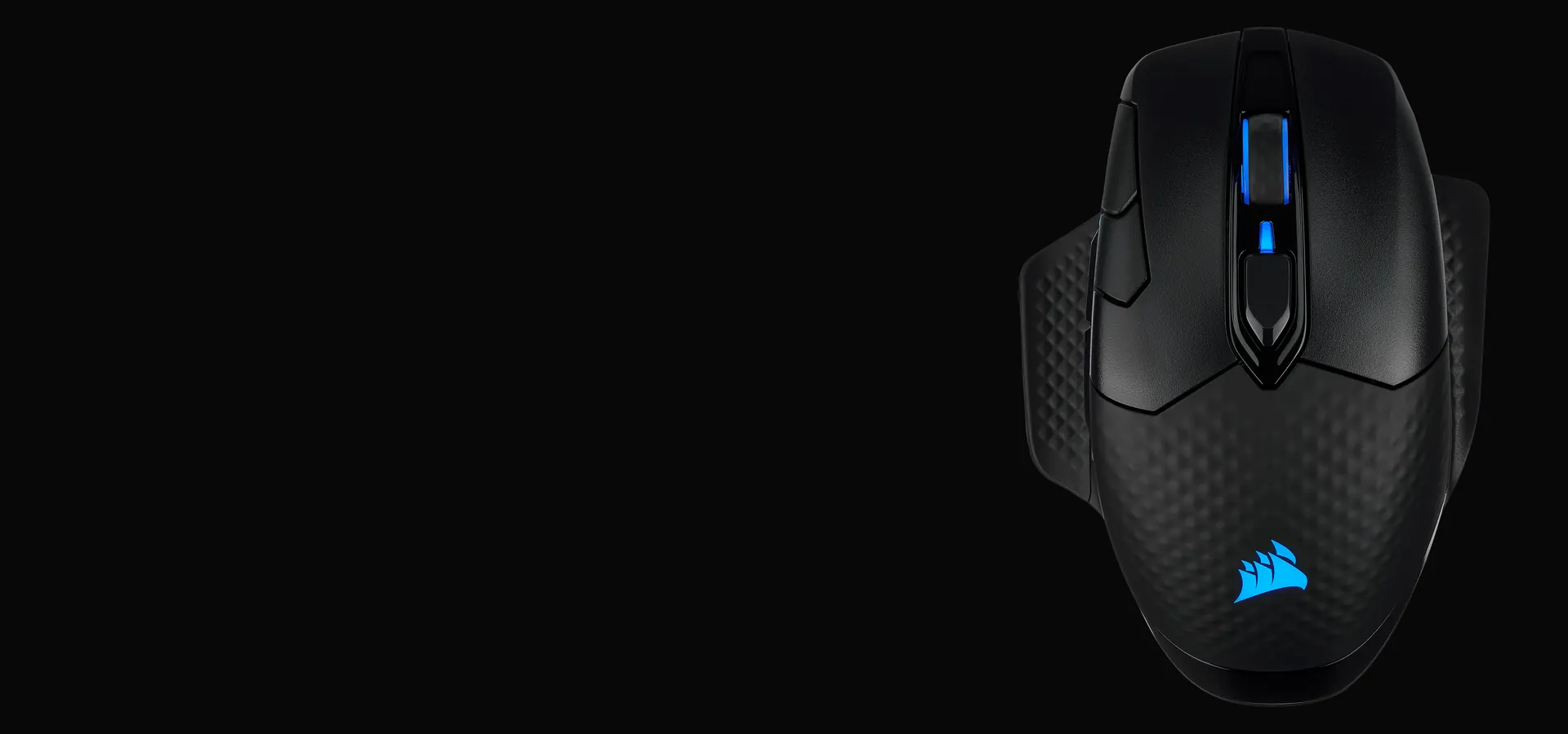 Mouse gamer inalámbrico Corsair DARK CORE RGB PRO negro visto desde arriba con iluminación azul