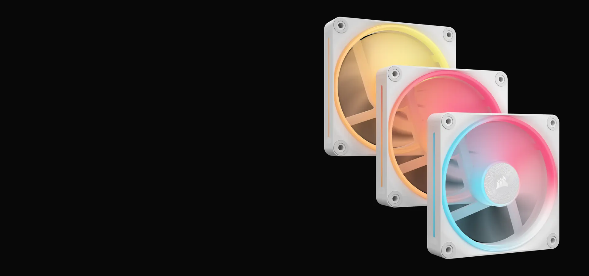 Tres ventiladores Corsair iCUE LINK LX120-R RGB blancos con iluminación RGB