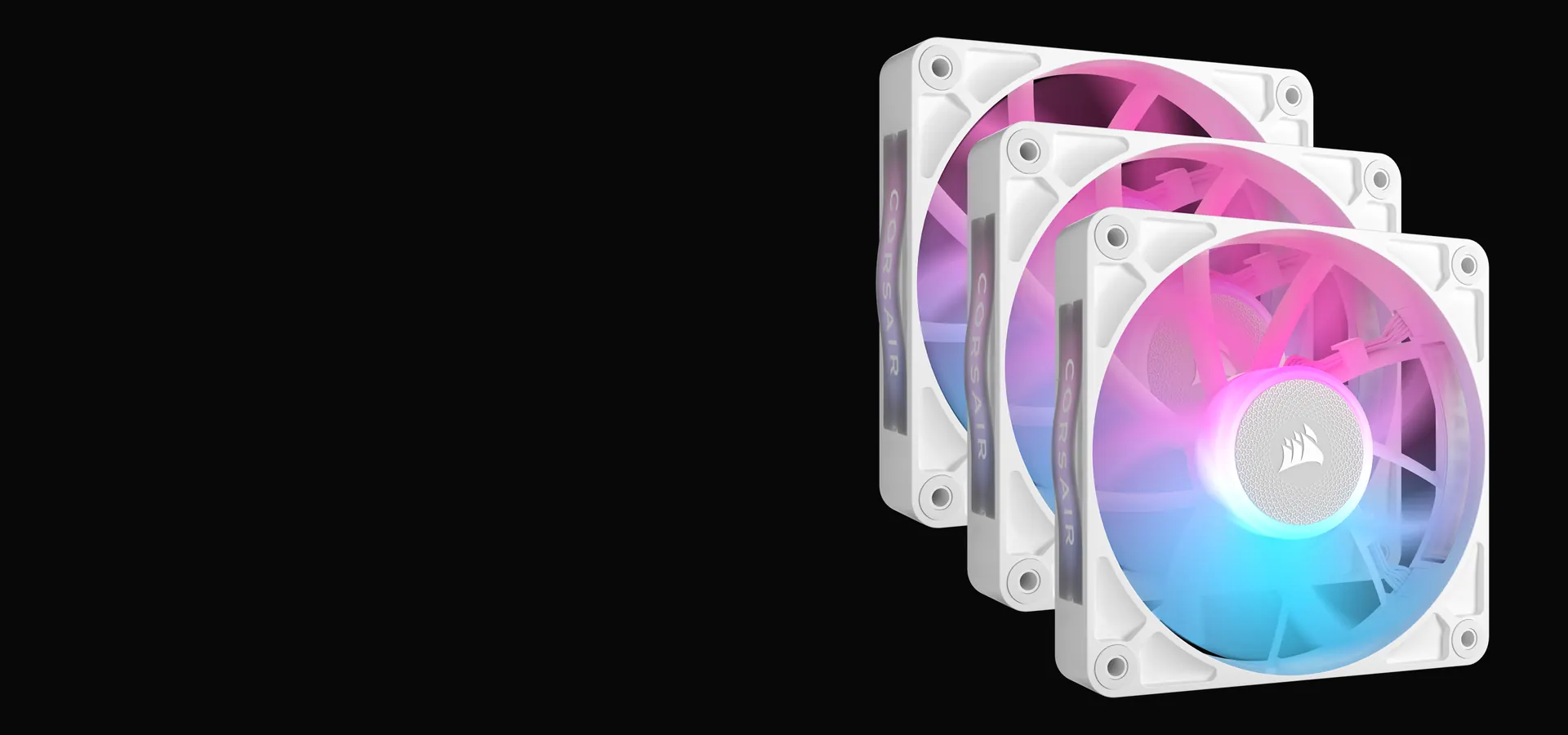 Tres ventiladores Corsair iCUE LINK RX120 RGB blancos con iluminación RGB
