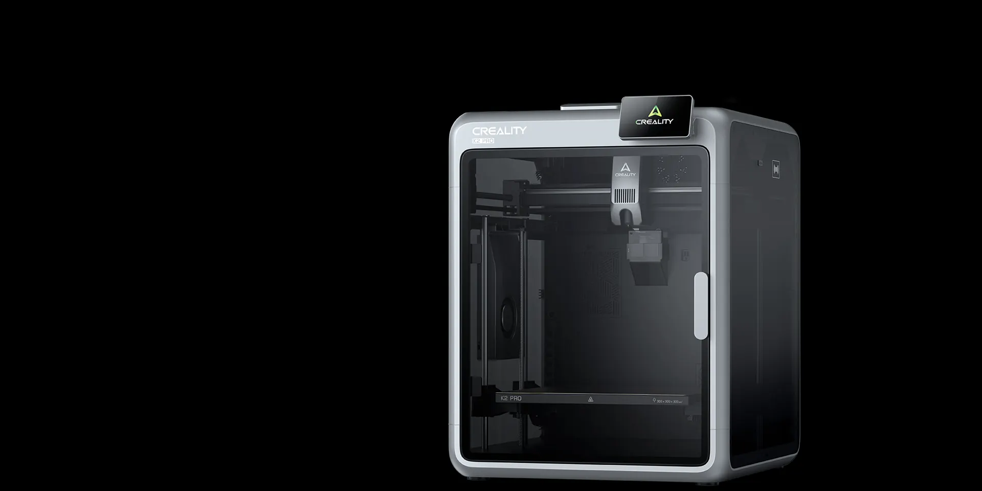 Impresora 3D Creality K2 Pro cerrada, con pantalla táctil