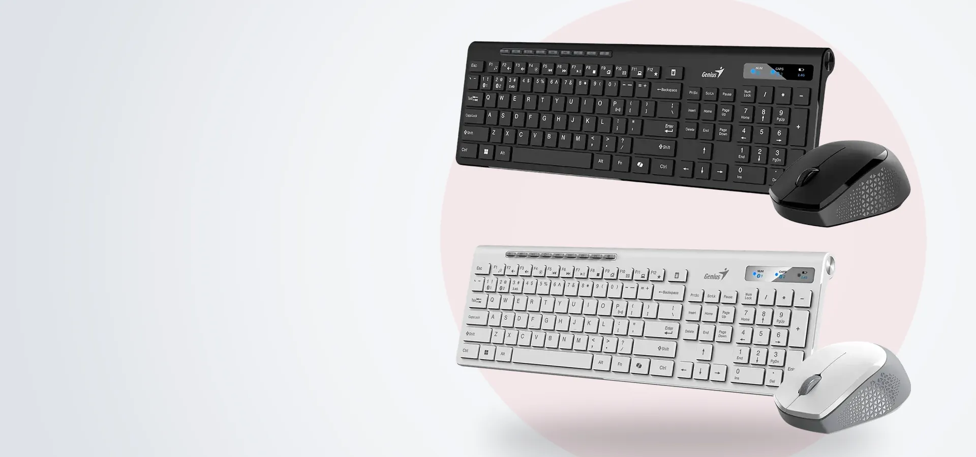 Combo de teclado y mouse inalámbricos Genius SlimStar 8230, en negro y en blanco