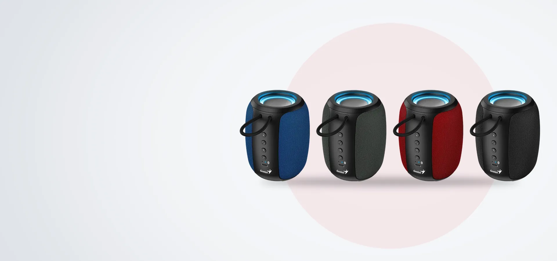 Parlante Bluetooth portátil Genius SP-915BT, en sus cuatro colores: azul, gris, rojo y negro
