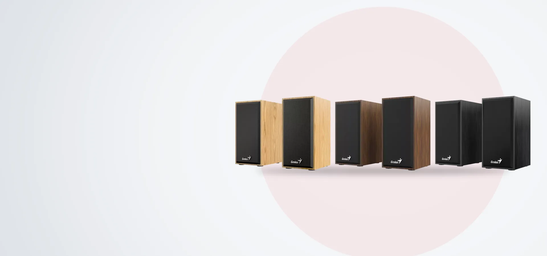 Parlantes de madera Genius SP-HF180, en sus tres acabados: madera de pino, madera y negro