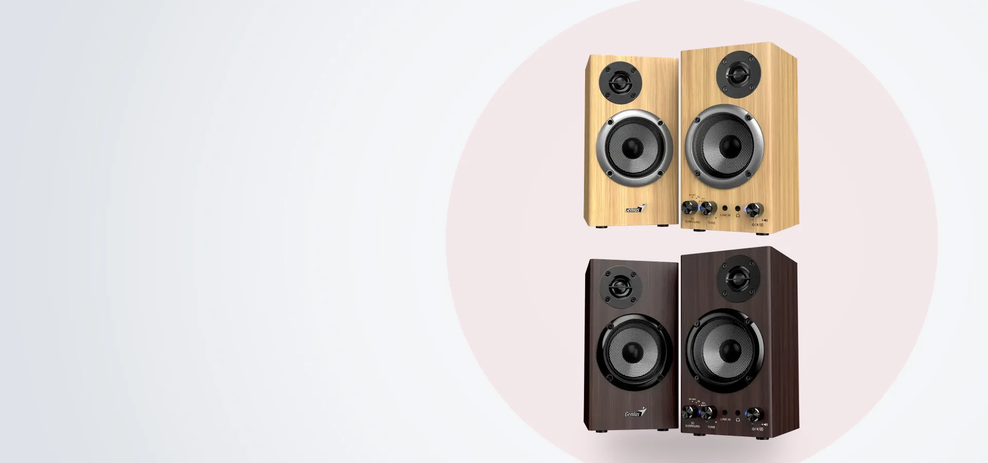 Parlantes de madera Genius SP-HF520BT, vistos en sus dos acabados