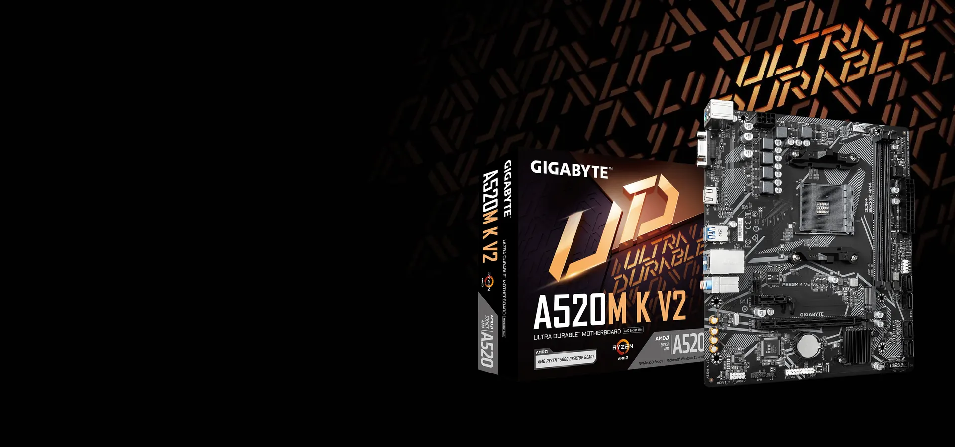 Motherboard Gigabyte A520M K V2 Ultra Durable con su caja, para AMD Ryzen socket AM4