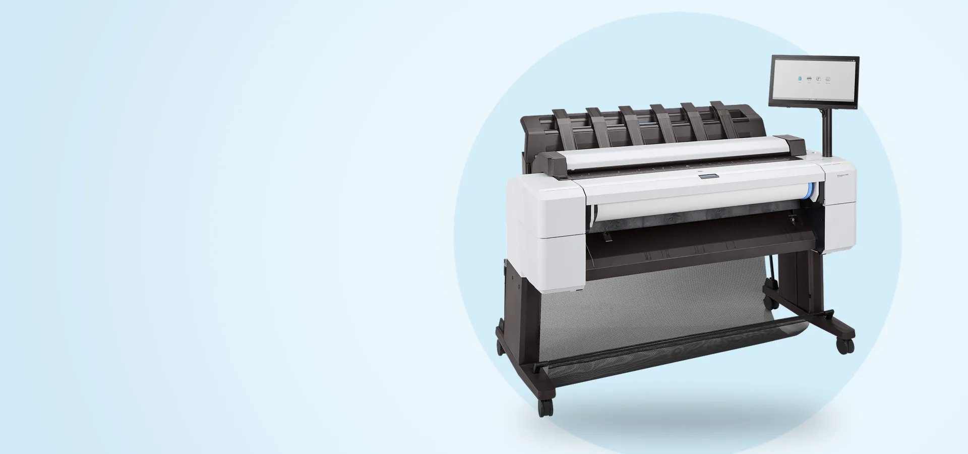 Plotter multifunción HP DesignJet T2600 PostScript de 36 pulgadas con pantalla táctil, vista en perspectiva