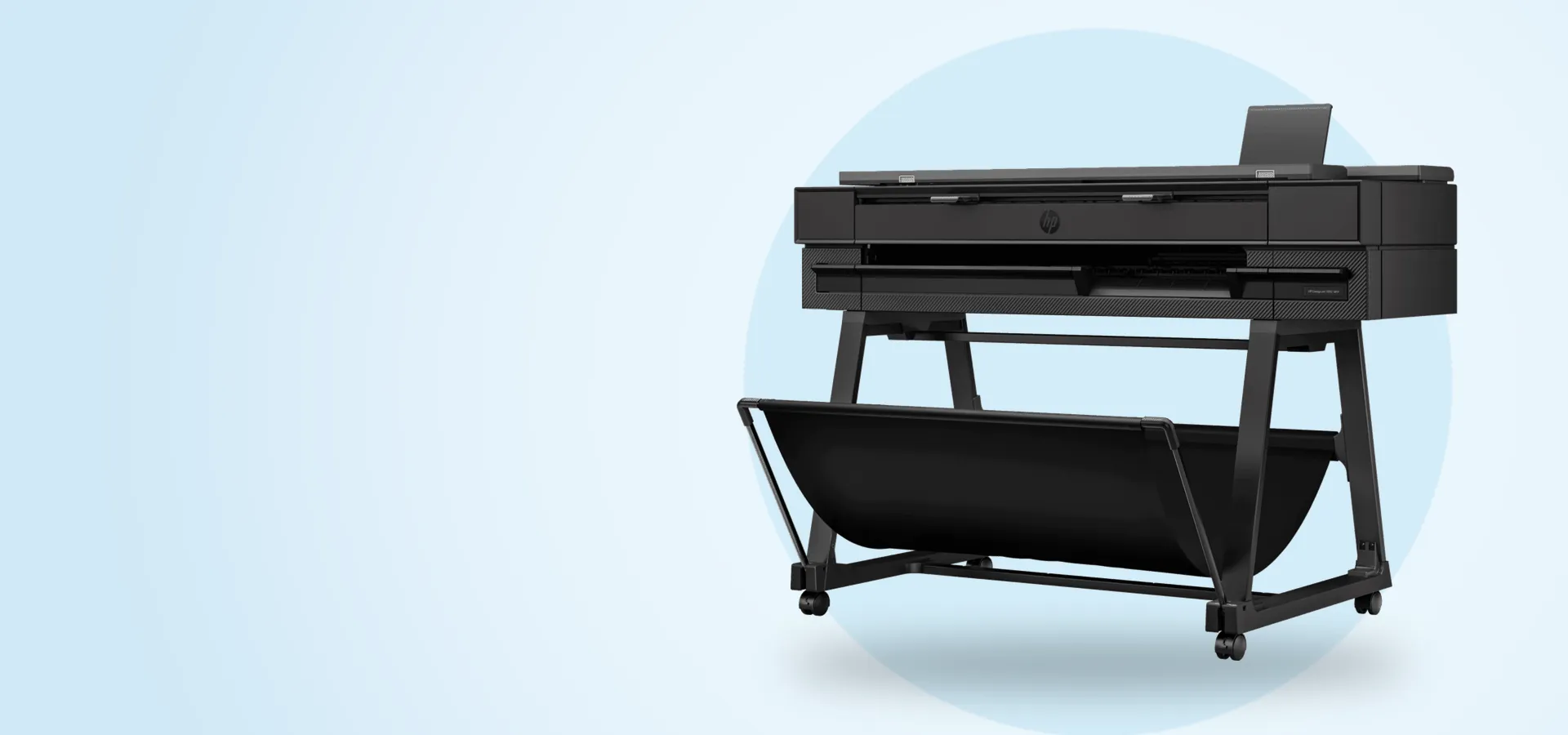 Plotter multifunción HP DesignJet T850 de 36 pulgadas con soporte y bandeja, vista en perspectiva