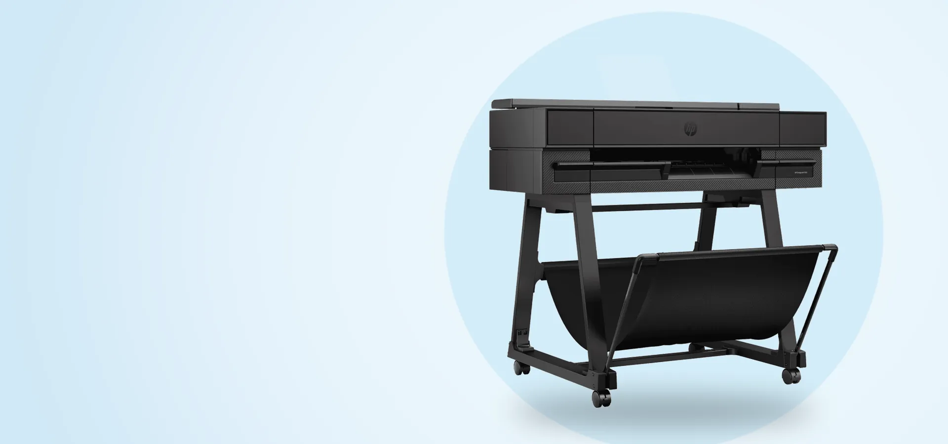 Plotter HP DesignJet T870 de 24 pulgadas con soporte, vista en perspectiva