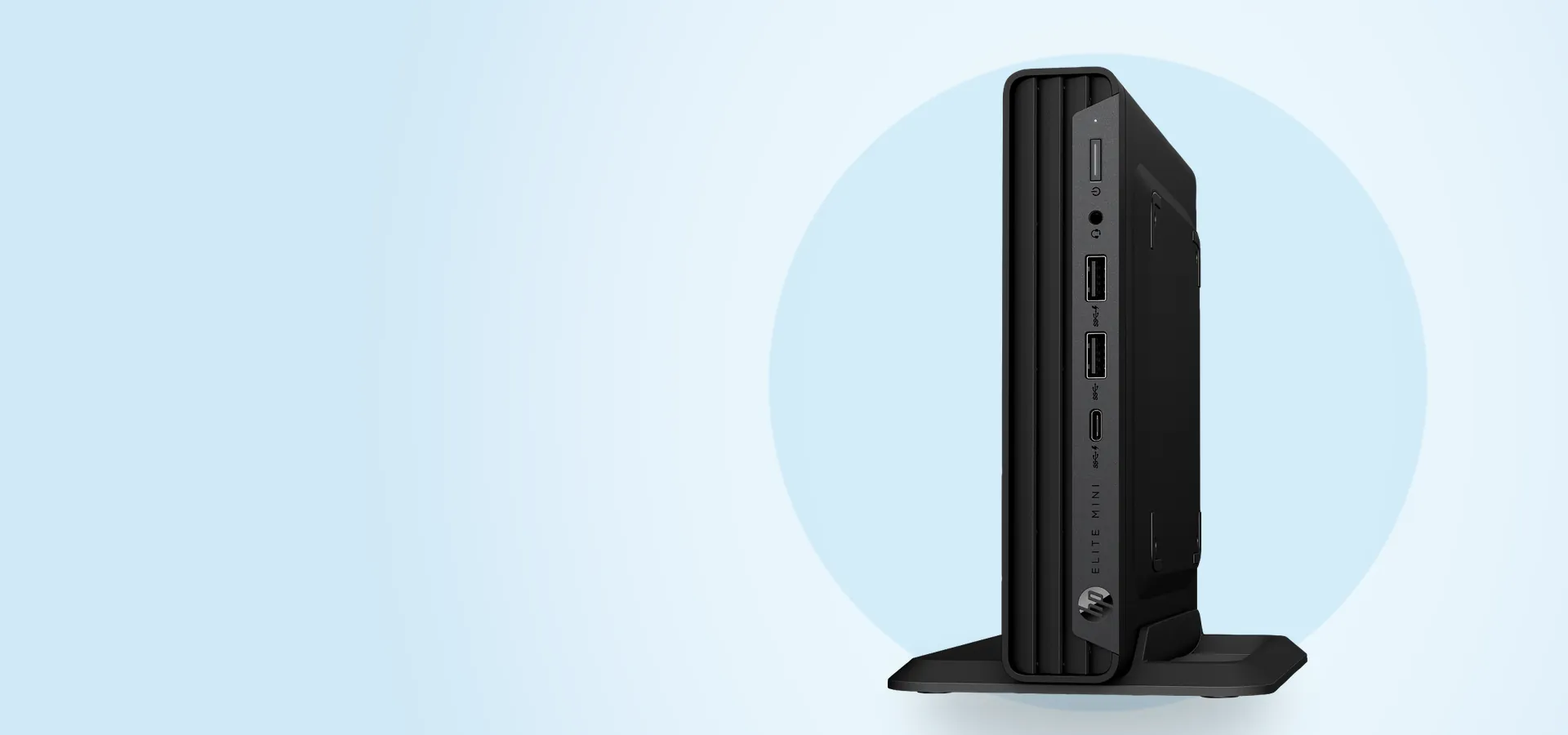 Mini PC HP Elite Mini 800 G9 sobre su base, vista de perfil